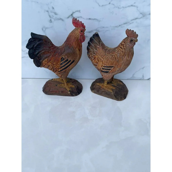 Decoration Antique Two Wooden Carved Rooster Brown Sz 10"x7" - Picture 1 of 11